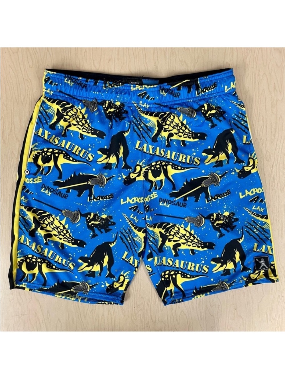 Lacrosse Unlimited Shorts Mens Medium Laxasaurus Dinosaurs Lax Blue Yellow Black